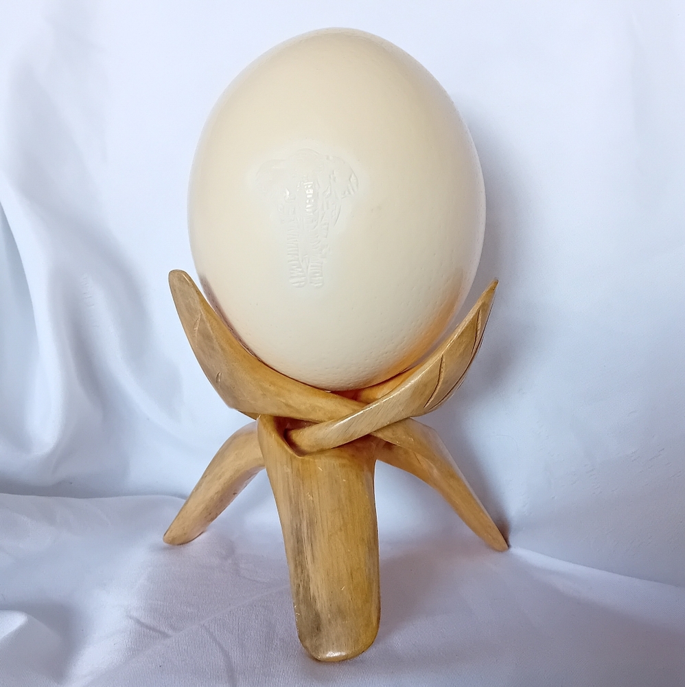 Vintage Ostrich Egg With Carved Elephant on Carved Wooden Stand